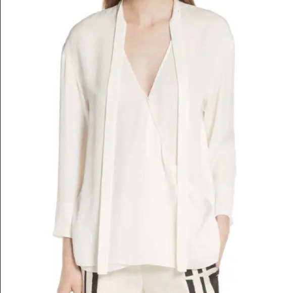 THEORY Silk Blouse w/ Faux Wrap neck tie, Ivory, Size Petite, 0 #5626412 - Picture 7 of 7